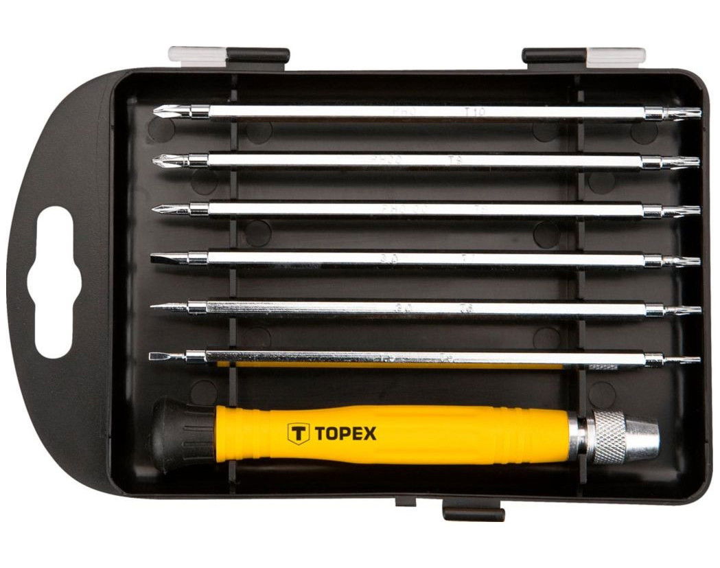 Topex 39D551 műszerész csavarhúzó készlet, CrV acél, 7 részes (markolat + 6 db kétvégű bit) termék fő termékképe
