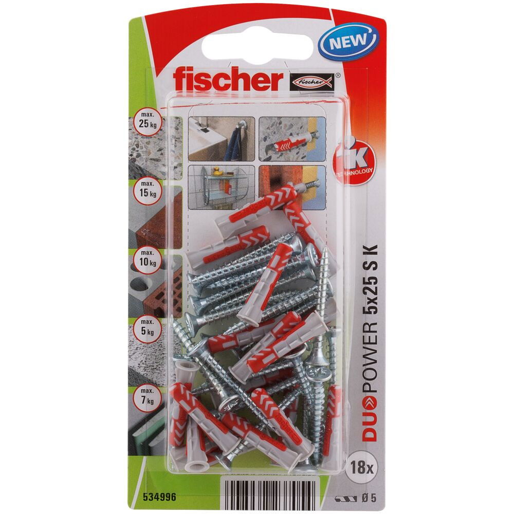 Fischer DUOPOWER dübel 5 x 25 S K NV - csavarral, bliszteres, 18 db/csomag termék fő termékképe