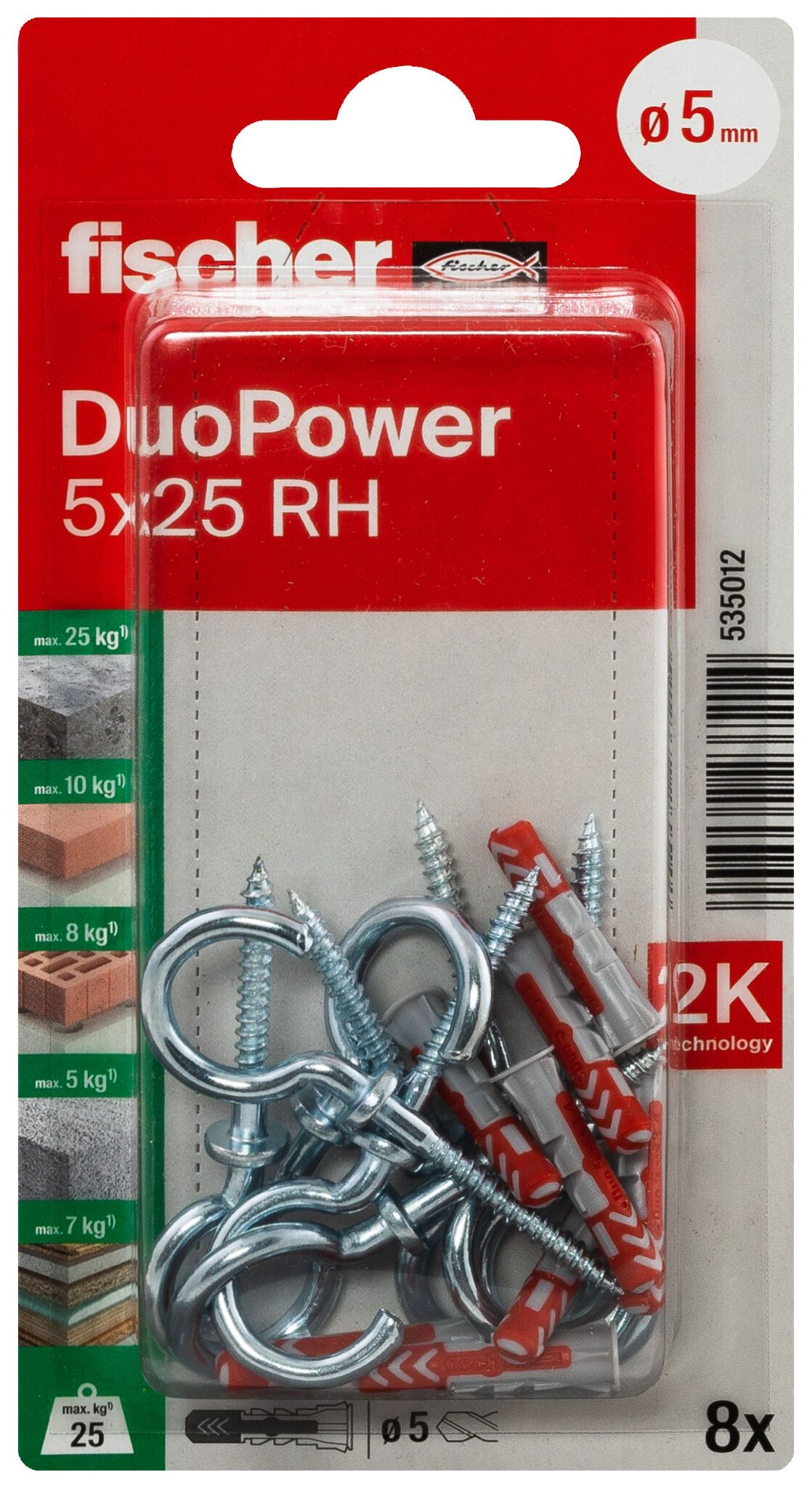 Fischer DuoPower kétkomponensű nylon dübel 5 x 25 RH K - körkampóval, bliszteres, 8 db/csomag termék fő termékképe