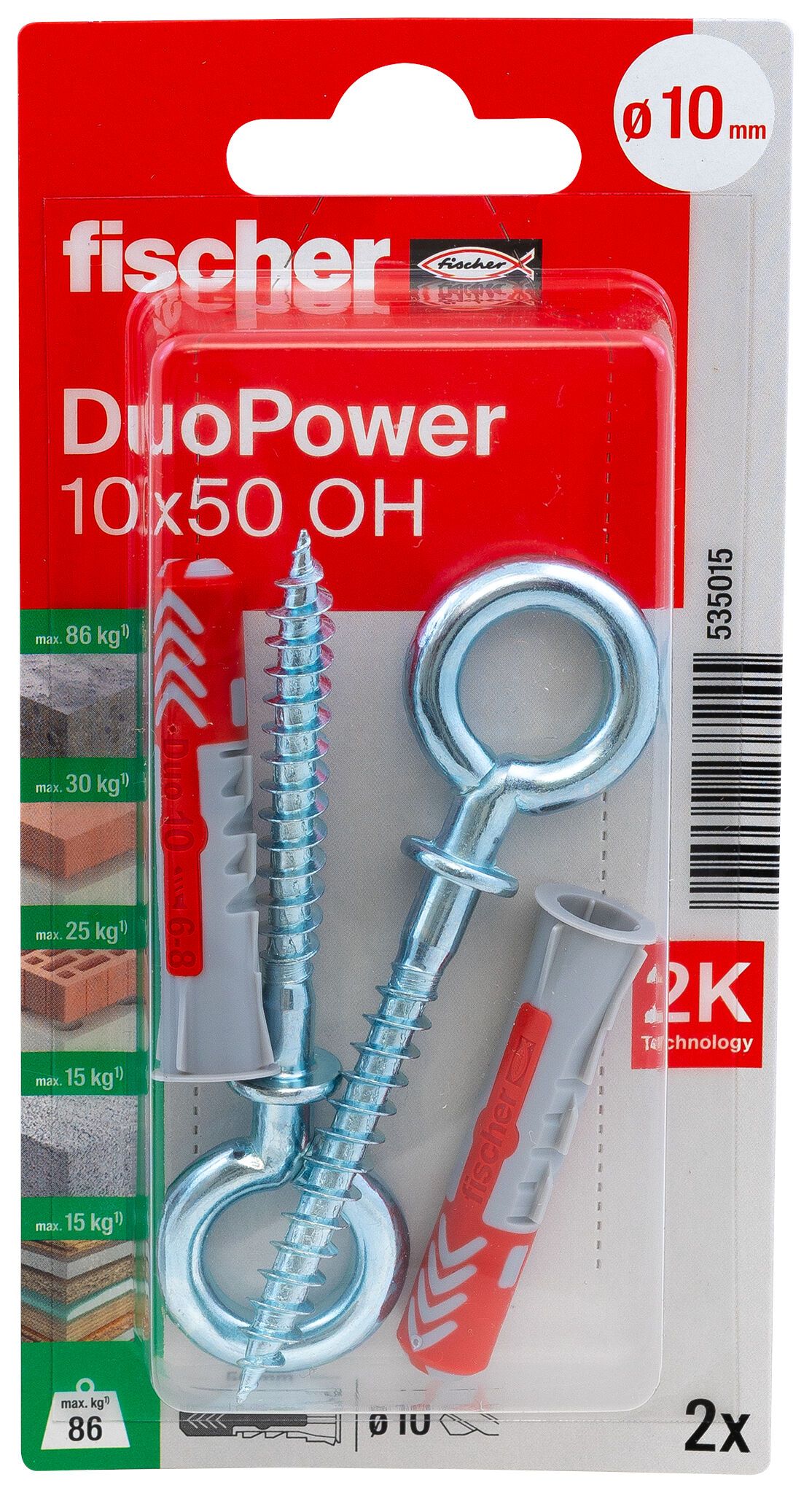 Fischer DuoPower kétkomponensű nylon dübel 10 x 50 OH K - szemescsavarral, bliszteres, 2 db/csomag termék fő termékképe