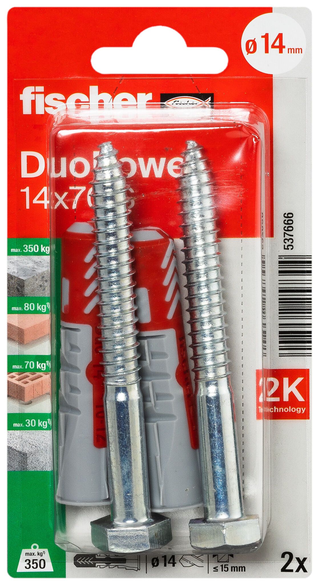 Fischer DuoPower kétkomponensű nylon dübel 14 x 70 S K - szerkezetépítő csavarral, bliszteres, 2 db/csomag termék fő termékképe